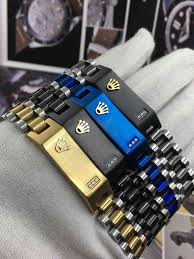 Rolex Style Bracelet for Men | Stainless Steel Hand Bracelet 1st Copy | Black, Gold, Blue Colors | Luxury Rolex Name Bracelet for Boys & Girls | Designer Fashion Bracelet for Gift & Daily Wear